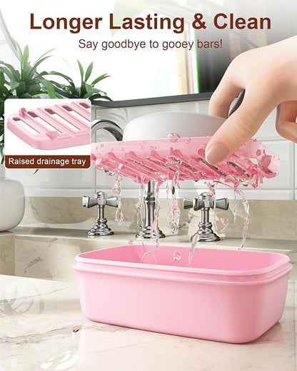 Quatish Leakproof Large Soap Dish with Lid & Draining Layer, Shatterproof Travel Bar Soap Holder Case Container, Portable Travel Size Toiletries Essentials for Camping, Gym, Bathroom, Pink
