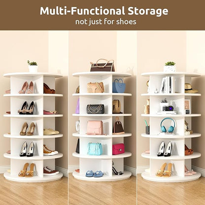 Rotating Shoe Rack 5 Tier Spinning Shoes Organizer Tower for 20-24 Pairs Lazy Susan 360 Revolving Shoe Storage Cabinet Rotate Shoe Handbag Rack Round Carousel for Closet, Bedroom (White)