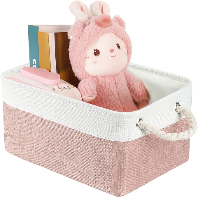 Storage Bins with Sturdy Cotton Handles(1 Pack), Fabric Storage Baskets for Organizing use for Office & Home, Book, Clothes, Toys, Closet Boxes (Large, Pink-White, 15.7x11.8x7.9 inches)