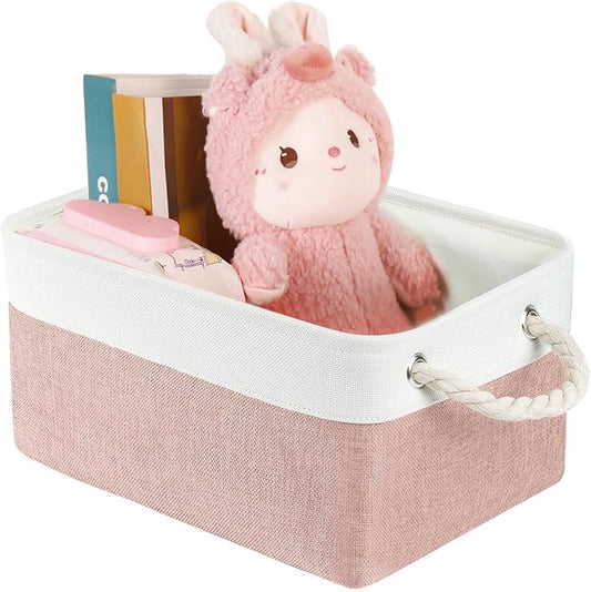 Storage Bins with Sturdy Cotton Handles(1 Pack), Fabric Storage Baskets for Organizing use for Office & Home, Book, Clothes, Toys, Closet Boxes (Medium, Pink-White, 14.2x10.2x7.1 inches)