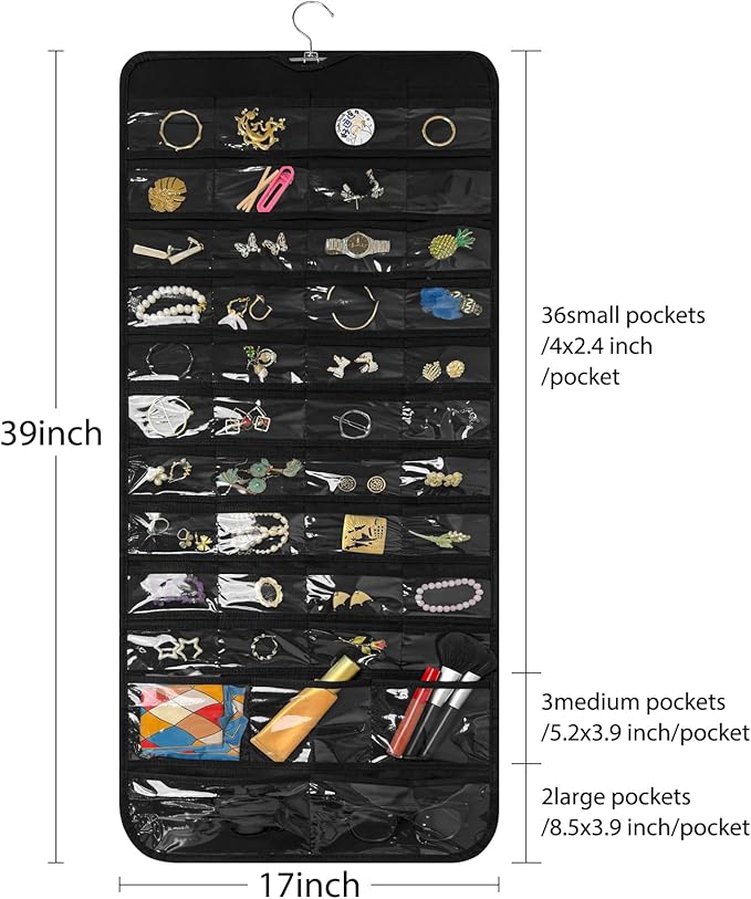 Bloss Hanging Jewelry Organizer With 90 Pockets,Earring Holder Organizer Storage For Valentine's Day Gift,Double-Sided Jewelry Holder for Earrings, Necklaces, Rings on Closet,Wall,Door(Black)