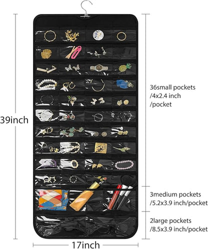Bloss Hanging Jewelry Organizer With 90 Pockets,Earring Holder Organizer Storage For Valentine's Day Gift,Double-Sided Jewelry Holder for Earrings, Necklaces, Rings on Closet,Wall,Door(Black)