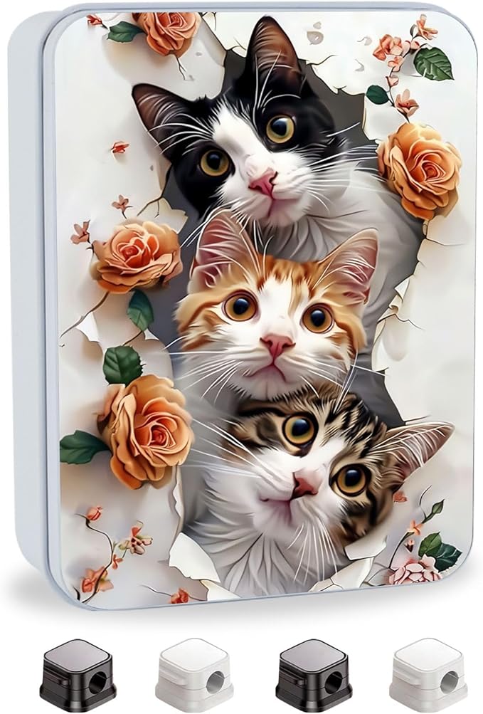 Metal Tin Box with Lid for Game Cards Home Organizer Candles Keys Crafts Storage - Comes with 4 Magnetic Cord Clips，Cute Cats and Roses