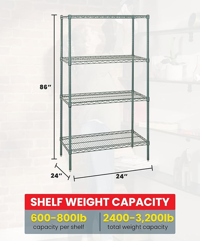 Quantum Storage Systems WR86-2424P Wire Shelving Starter Kit, 24" W x 24" D x 86" H, 600 lbs Capacity, Carbon Steel, Epoxy Coated, Green, NSF