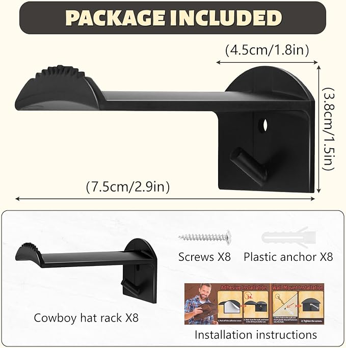 SelfTek 2.9 Inch Cowboy Hat Rack for Wall - 8 Pack Hat Hooks & Holder Hanger, Heavy Duty Adhesive Wall Mount, Western Room Decor for Baseball Cowboy, Sun Hats, Fedora, Wide Brim Hats (Black)