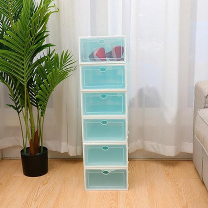 Stackable Shoe Boxes for Women, Thickened Plastic Shoe Storage Containers with White Frame Blue Lid, 6pcs Sturdy Organizer for Closet and Sneaker Storage