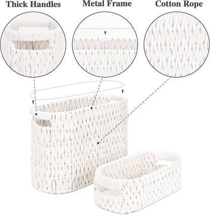 Boho Toilet Paper Storage Baskets, Cotton Rope Woven Bathroom Basket Set of 2, Standing Toilet Paper Holder for 6 Mega Rolls,Storage Bins for Toilet Tank Top, Bathroom Organizer Decor (White 2 Pack)