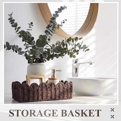 Boao 3 Pcs Boho Storage Wicker Baskets Handmade Woven Decorative Paper Rope Baskets for Organizing with Handle Countertop Toilet Paper Storage Container for Toilet Tank Top(Brown,Fan-shaped)