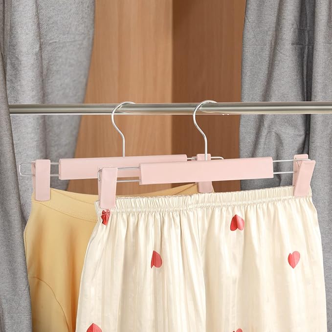 GUANJUNE Clothes Pants Hangers, Space-Saving Skirt Holders with 360 ° Swivel Hooks, Adjustable Clips, Trouser Hangers, Clothes Coat Garment Jeans Hangers (20 Pack, Pink)