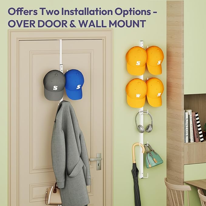 SWTYMIKI Over Door Hat Organizer - 2 Packs Metal Wall Mounted Hat Rack with 5-Tier Dual Hooks Design, Hanging Baseball Cap Organizer Storage Holds up to 40 Caps for Door, Bedroom, Closet(White)