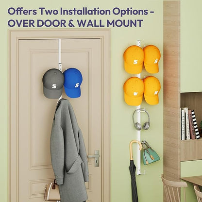 SWTYMIKI Over Door Hat Organizer - 2 Packs Metal Wall Mounted Hat Rack with 5-Tier Dual Hooks Design, Hanging Baseball Cap Organizer Storage Holds up to 40 Caps for Door, Bedroom, Closet(White)
