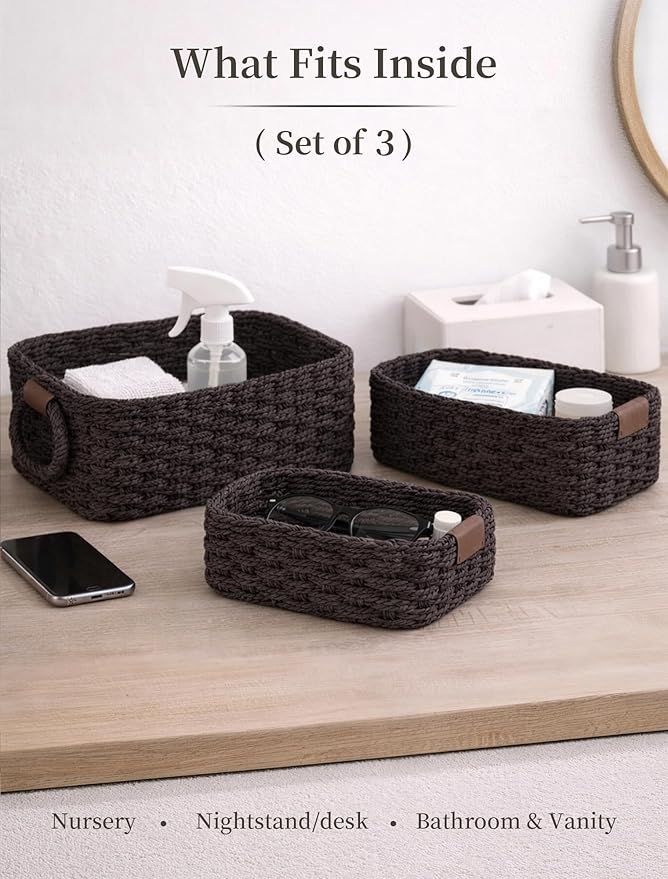 Storage Basket, Recycled Paper Rope Basket Organizer, 3Pcs Small Baskets for Organizing, Mini wicker Basket for Decorative Storage Bins, Shelves, Cabinet - Dark Brown