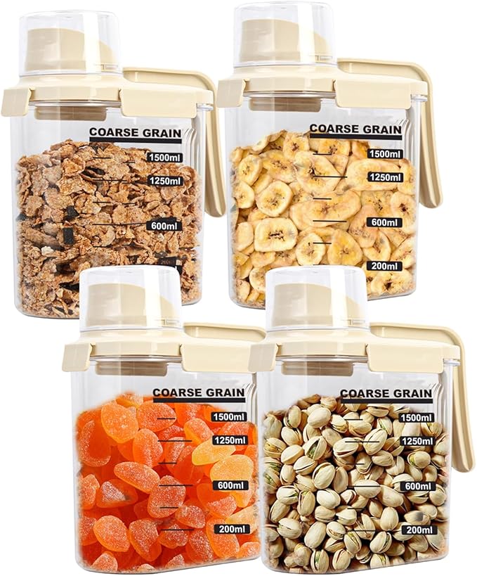 Cereal Containers Storage with Pour Plastic Cereal Storage Container Dispenser Airtight Food Storage Containers with Lids BPA-Free Canisters Sets for Kitchen Pantry Organizers, 1.5L 4 Piece