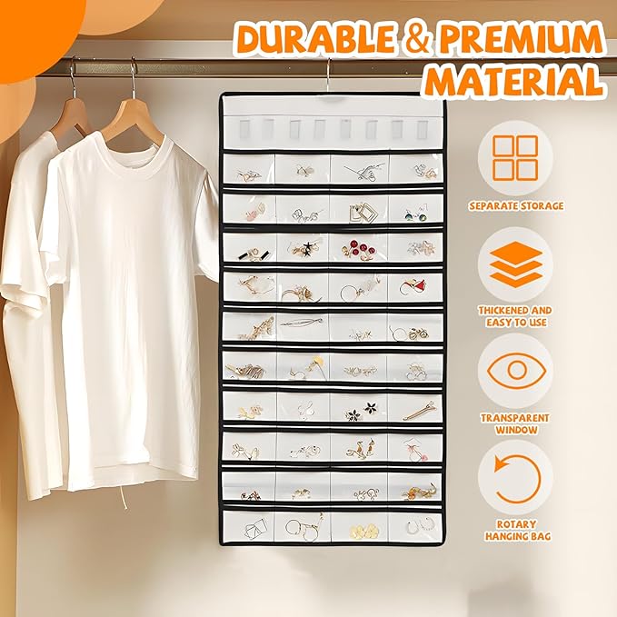 48 Pockets Hanging Jewelry Organizer with Necklace Straps, Double-Sided White Closet Jewelry Holder for Space-Saving Storage of Earrings, Bracelets & Necklaces