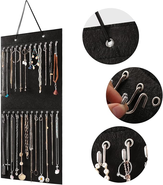 Hanging Jewelry Organizer Storage with 24 Hooks Wall Mounted Jewelry Display Hanging on Door Closet Necklace Holder for Bracelet Ring Chain-Patent Design (Black)