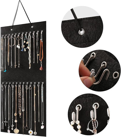Hanging Jewelry Organizer Storage with 24 Hooks Wall Mounted Jewelry Display Hanging on Door Closet Necklace Holder for Bracelet Ring Chain-Patent Design (Black)