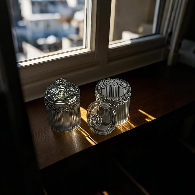 2 Pack Q-tip Holder Glass Apothecary Jars with Lids 3.35" Wide, 4.92" Height Stylish and Functional Storage for Bathroom or Vanity, Grey