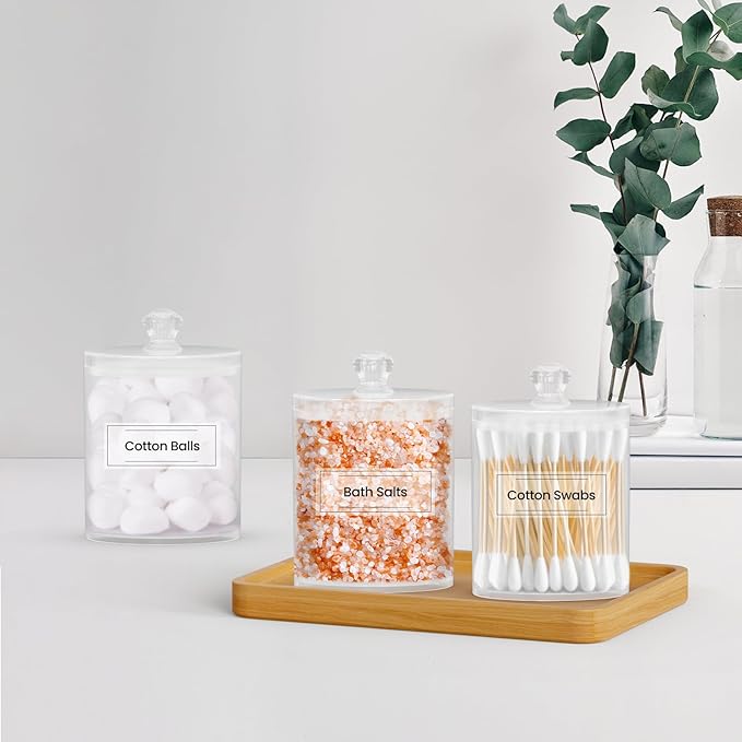 MateeyLife Qtip Holder 6 Pack, Acrylic Q-tip Dispenser for Cotton Pads, Swabs, Balls, Storage Containers for Organizing, Clear Bathroom Canisters with Lid, Apothecary Jars Home Decor Accessories Set