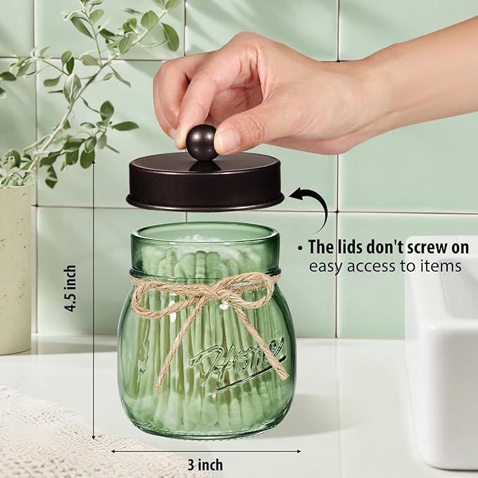 SheeChung Green Glass Qtip Holder Dispenser, Mason Jar Apothecary Jars with Lids, Bathroom Organizers and Storage, Vanity Countertop Canisters Set for Cotton Swab, Ball, Pad, Floss Pick-Bronze, 2 Pack