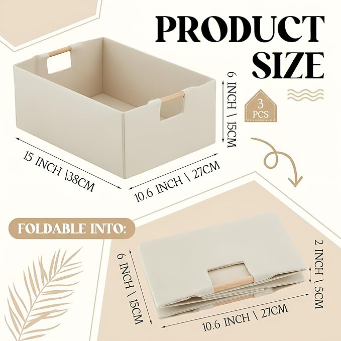 Cinnvoice 3 Pack Fabric Storage Bins for Closet Shelves, Rectangle Wardrobe Organizer with Handle, Collapsible Shelves Storage Basket for Sorting Clothes and Toy (Beige,15 x 10.6 x 6 Inch)