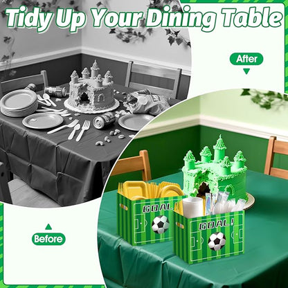 2PCS Soccer Utensil Holder Paper Utensil Caddy for Soccer Party Supplies Cutlery Holder with Handles Green Party Favors Snack Box Disposable Cutlery Caddy for Sports Themed Birthday Decorations