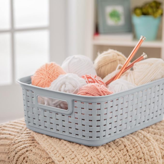 Sterilite Short Plastic Weave Storage Basket, Bin Organization for Countertops, Tabletops and Shelves for Crafts, Jewelry, Gray, 12-Pack