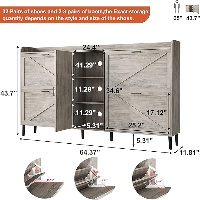 HOMEFORT Large Shoe Cabinet with 4 Flip Drawers, Farmhouse Narrow Shoe Organizer Cabinet for Entryway, Hidden Shoe Rack with Adjustable Side Cabinet for Boot Storage,6 Wood Legs, Washed Gray