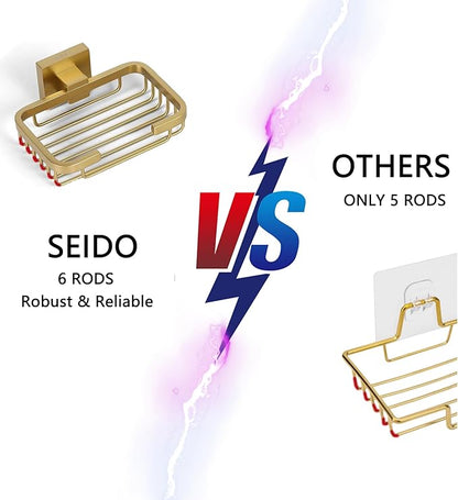 SEIDO Gold Soap Dish for Shower, 304 Stainless Steel Double-Locking Soap Holder, Wall Mount Soap Bar Holder for Shower, Hollowed-Out Drainage, 4.8" L x 3.2" W Internal, for Soap, Sponge, Keys