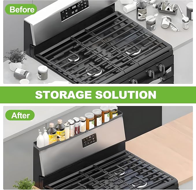 30 Inch Magnetic Stove Top Shelf | 3-Zone Kitchen Organizer with Anti-Slip & Anti-Fall Design | Heat Resistant (-40°F to 446°F) Food-Grade Silicone Spice Rack for Flat-Top Stoves, Grey