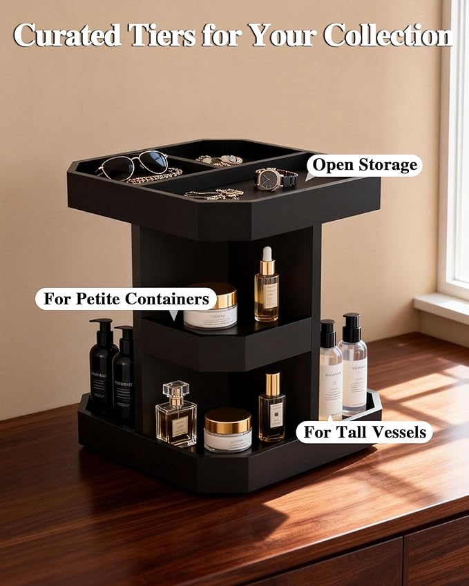 HWZ Wooden Cologne Organizer for Men, Cologne Stand, 360 Rotating, Massive 3 Shelf Storage Unit, Elegant Display Holder for Perfume & Accessories, Bedroom Essentials, Ideal Gift for Loved ones