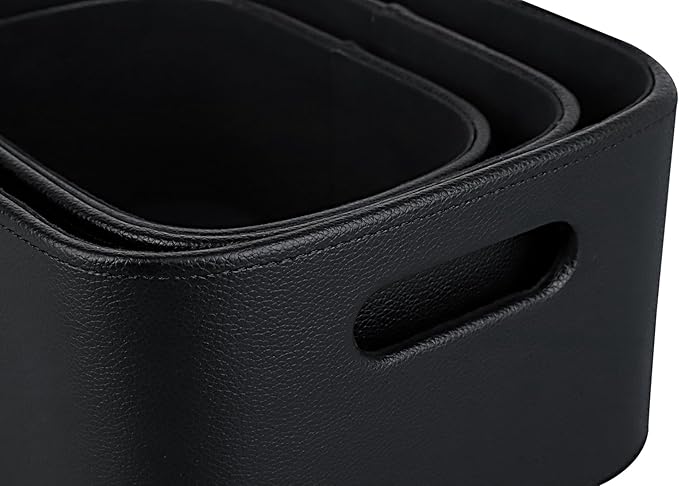 HofferRuffer Faux Leather Storage Baskets Bins with Velvet Lining for Organizing, Storage, Gifts, Set of 3 Nesting Shelf Baskets Decorative Storage Boxes for Home Organization (Black)