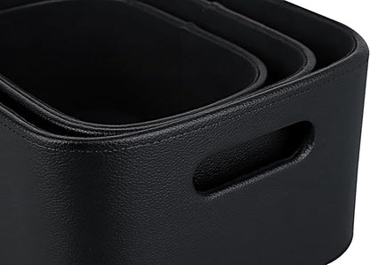 HofferRuffer Faux Leather Storage Baskets Bins with Velvet Lining for Organizing, Storage, Gifts, Set of 3 Nesting Shelf Baskets Decorative Storage Boxes for Home Organization (Black)