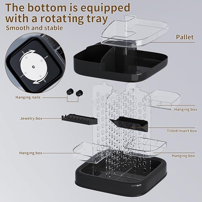 360 Rotating Make up Organizer for Vanity & Countertop, Clear Adjustable Height Tiered Cosmetic and Skincare Storage, Spinning Perfume and Makeup Holder, Jewelry Accessories Desktop Organizer, Black