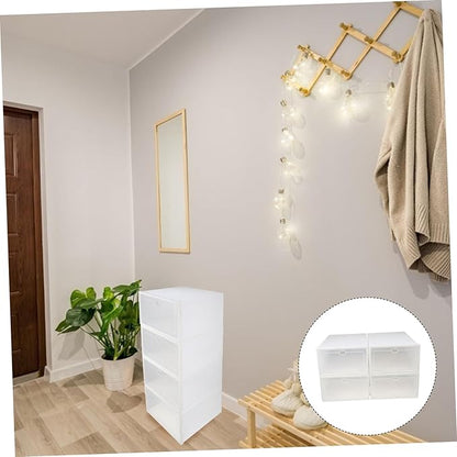 VILLCASE 4pcs Thickened Transparent Plastic Shoe Boxes Home Use Dustproof Shoe Storage Holders with White Frame Stackable Organizer Containers