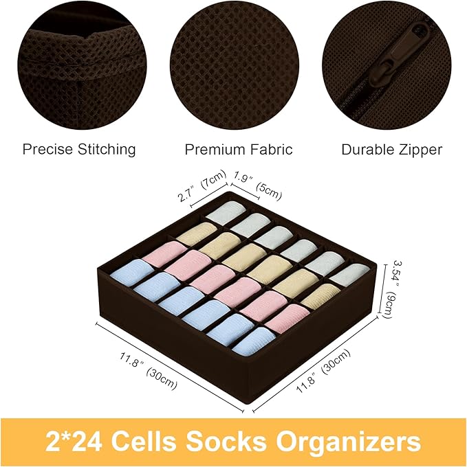 Joyoldelf Sock Organizer Drawer Organizer - 2 Packs Underwear Organizer, 24 Cells Collapsible Closet Organizers and Storage Sock Holders Organizers for Storing Socks, Ties, Belts (Brown), LF001Brown