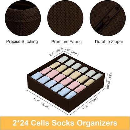 Joyoldelf Sock Organizer Drawer Organizer - 2 Packs Underwear Organizer, 24 Cells Collapsible Closet Organizers and Storage Sock Holders Organizers for Storing Socks, Ties, Belts (Brown), LF001Brown