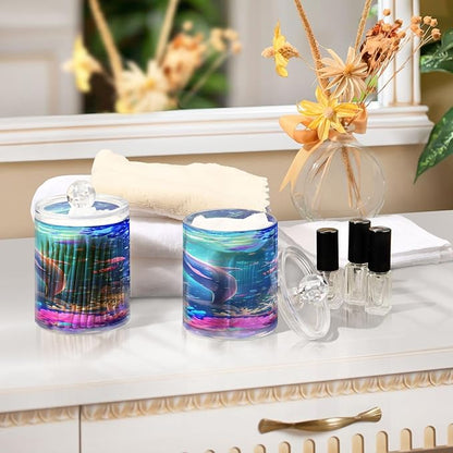 ALAZA 2 Pack Qtip Holder Dolphin Colorful Coral Ocean, Cotton Swab Dispenser with Lid Bathroom Containers Canister Organizer Storage Jar