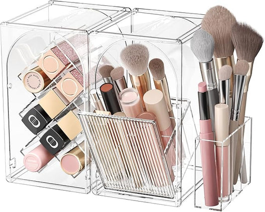 INVSSENE Stackable Makeup Organizer Countertop, Storage Perfume Skincare Cosmetic Lipstick Face Mask Makeup Brush Palettes, Ideal for Vanity Bathroom Counter