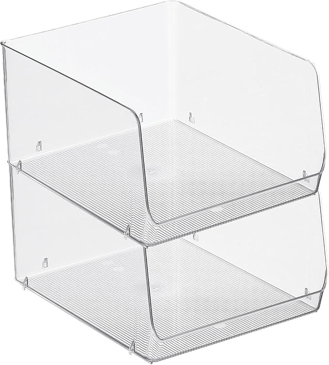 mDesign Wide Stackable Plastic Food Storage Organizer Bin Basket with Open Front for Household Kitchen Cabinets, Pantry, Offices, Closets, Bedrooms, Bathrooms - 10.2" Wide, 2 Pack - Clear