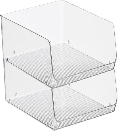 mDesign Wide Stackable Plastic Food Storage Organizer Bin Basket with Open Front for Household Kitchen Cabinets, Pantry, Offices, Closets, Bedrooms, Bathrooms - 10.2" Wide, 2 Pack - Clear
