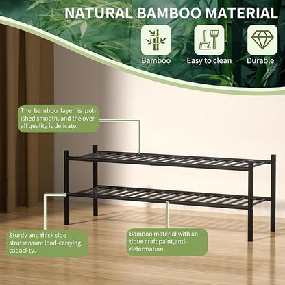 ROMGUAR CRAFT 2-Tier Bamboo Long Shoe Rack, Free Standing Wood Shoe Shelf Storage Organizer for Closet Entryway Stackable 35"x11"x13" (Black)