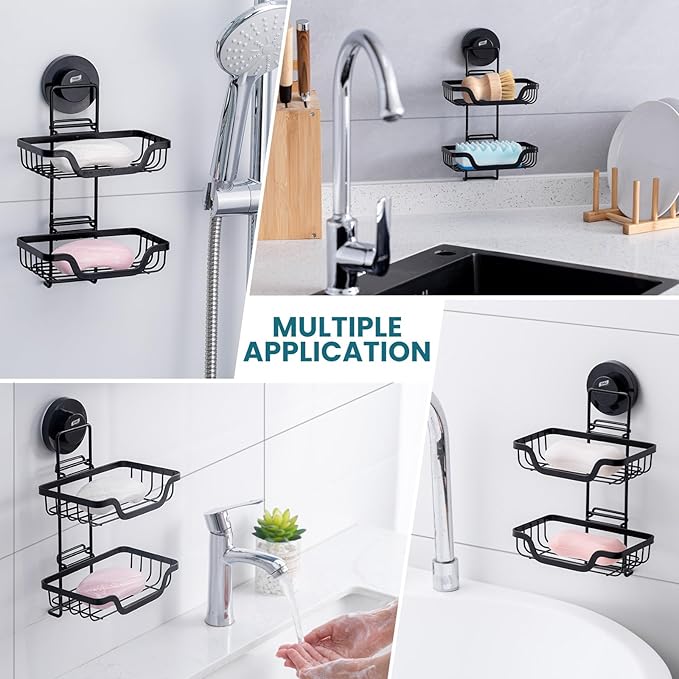 TAILI Double Layer Soap Holder, Drill-Free Bar Soap Dish Tray Suction Cup, Draining for Shower Wall, Bath Storage, Rustproof Stainless Steel Sponge Holder for Tub, Kitchen, Black
