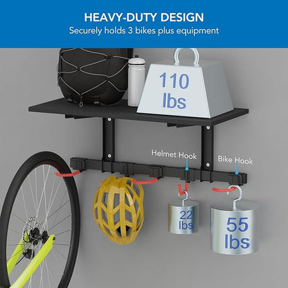 Mount-It! WheelsUp Bike Wall Mount with Shelf | Garage Storage Rack for 3 Bikes & Accessories | Adjustable Padded Hooks, Max Capacity 275 lbs | Ideal Bike Rack Garage Wall Mount for Organized Spaces