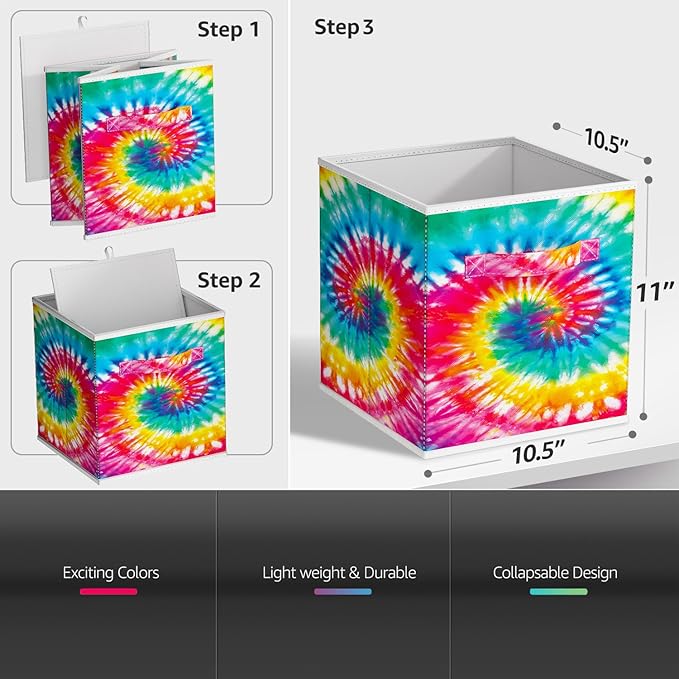 Sorbus 11 Inch Fabric Storage Cubes - Sturdy Collapsible Storage Bins & Handle - 6 Foldable Baskets for Organizing Clothes - Multi Colored Storage Baskets for Shelves (Dark Tie-dye, 11 Inch)