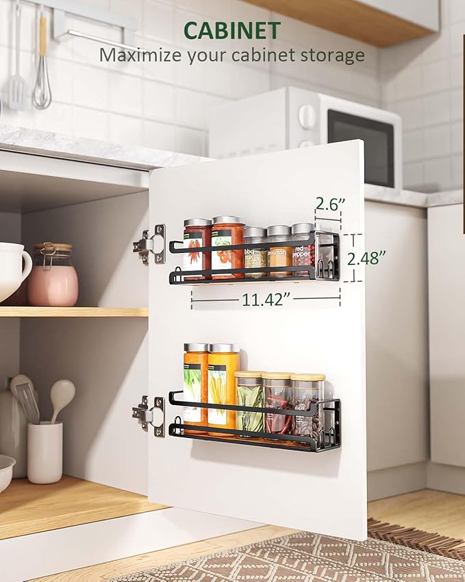 Doakhirmit Wall Mounted Spice Rack with 16 Hooks, Rustic Wood Spice Organizer Shelf for Stove Cabinet Pantry Door,Screw or Adhesive Hanging Spice Shelf,Wall Spice Rack in Kitchen and RV,2 Pack