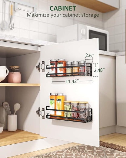 Doakhirmit Wall Mounted Spice Rack with 16 Hooks, Rustic Wood Spice Organizer Shelf for Stove Cabinet Pantry Door,Screw or Adhesive Hanging Spice Shelf,Wall Spice Rack in Kitchen and RV,2 Pack