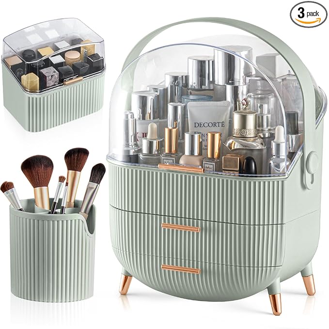 CANITORON Makeup Organizer,Skincare Organizer with 2 Drawers and Brush Storage Box,Lipstick Holder,Cosmetic Display Case for Vanity Organizer and Bathroom Countertop Storage.(Sage Green)