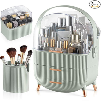 CANITORON Makeup Organizer,Skincare Organizer with 2 Drawers and Brush Storage Box,Lipstick Holder,Cosmetic Display Case for Vanity Organizer and Bathroom Countertop Storage.(Sage Green)