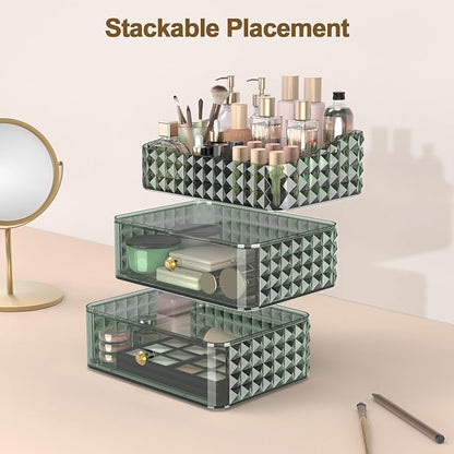 Makeup Organizer for Vanity, Stackable Cosmetics Organizer and Storage, Cosmetic Display Cases with 2 Drawers and 1 Tray for Makeup Brush, Hair Accessories, Lipstick and Jewelry, Green