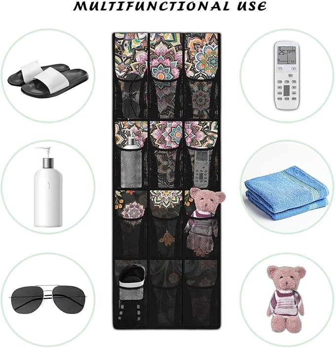 12-Pocket Hanging Storage Bag Behind the Door, Over the Door Organizer Space Saving Storage for Bedroom Closet or College Dorm, Bohemia Flowers